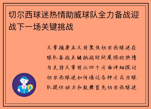 切尔西球迷热情助威球队全力备战迎战下一场关键挑战