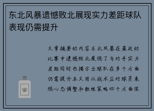 东北风暴遗憾败北展现实力差距球队表现仍需提升