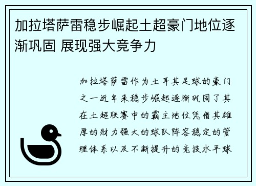 加拉塔萨雷稳步崛起土超豪门地位逐渐巩固 展现强大竞争力