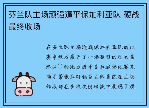 芬兰队主场顽强逼平保加利亚队 硬战最终收场