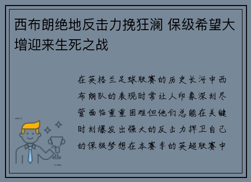 西布朗绝地反击力挽狂澜 保级希望大增迎来生死之战