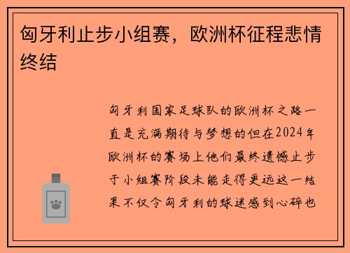 匈牙利止步小组赛，欧洲杯征程悲情终结