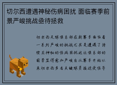 切尔西遭遇神秘伤病困扰 面临赛季前景严峻挑战亟待拯救