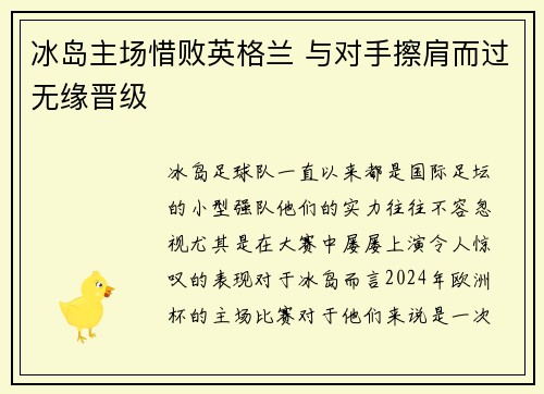 冰岛主场惜败英格兰 与对手擦肩而过无缘晋级